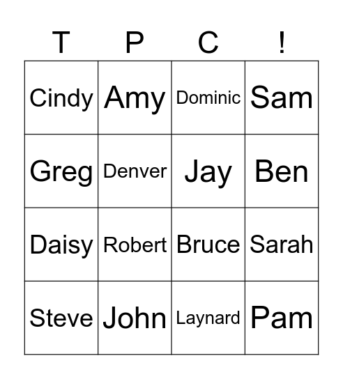 TPC Names Bingo Card