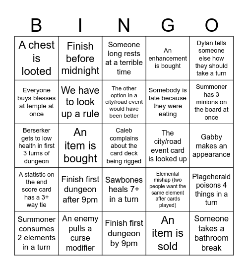 Gloomhaven Bingo Card