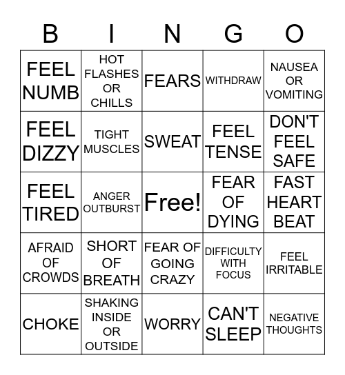 ANXIETY SYMPTOMS BINGO Card