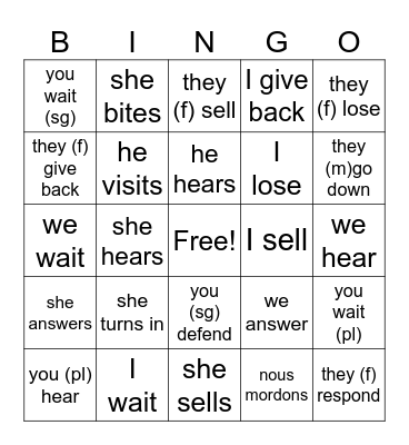 -RE verbs pratice Bingo Card