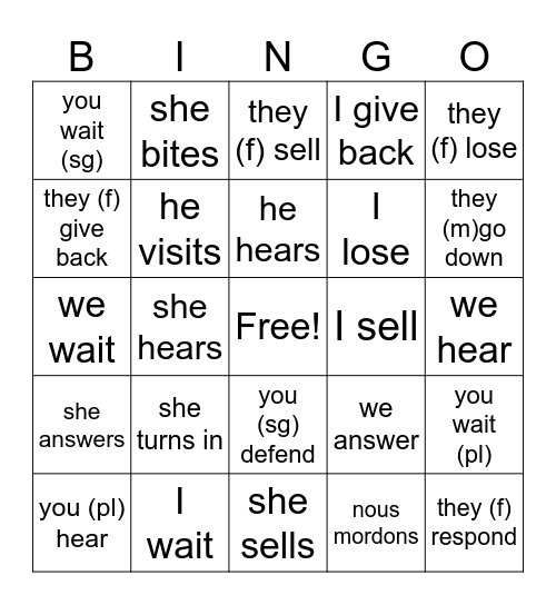 -RE verbs pratice Bingo Card