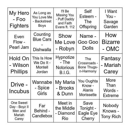 90's Mix Tape Bingo Card