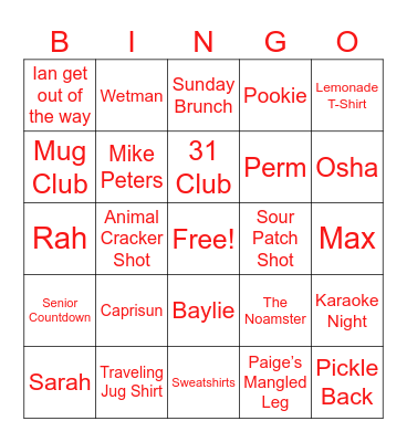 Red Jug Bingo Card
