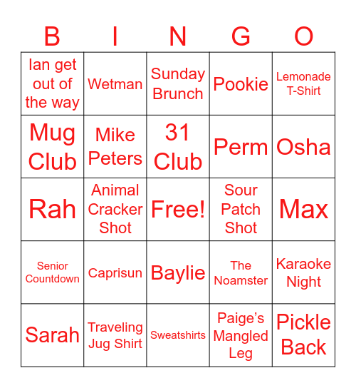 Red Jug Bingo Card