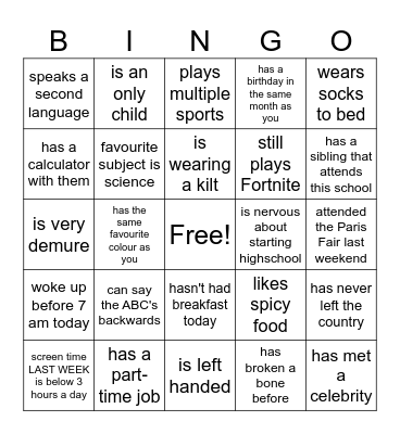 FIRST DAY OF HIGHSCHOOL Bingo Card