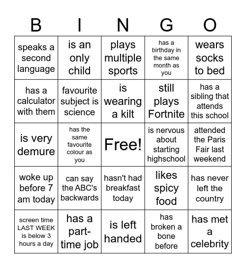 FIRST DAY OF HIGHSCHOOL Bingo Card