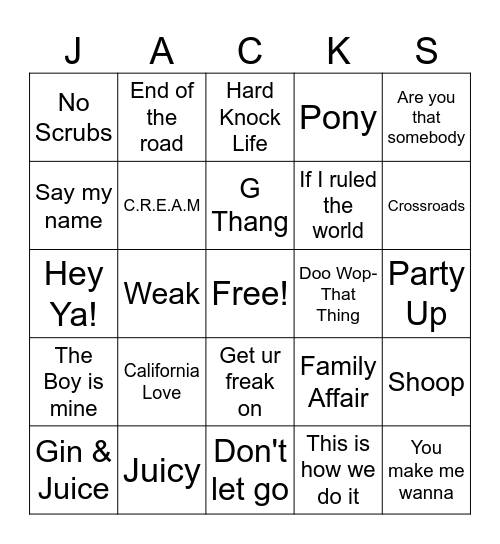 90's Hiphop & R&B Bingo Card