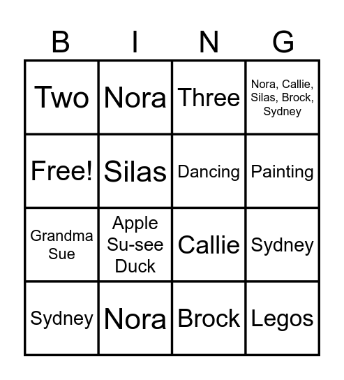 Grandchildren Bingo Card