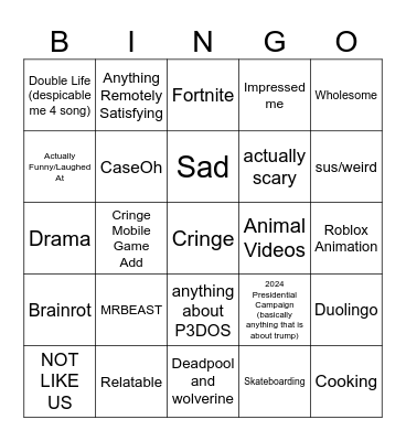 YOUTUBE SHORTS BINGO Card