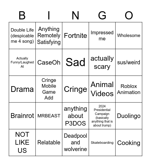 YOUTUBE SHORTS BINGO Card