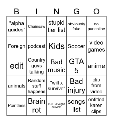 Youtube shorts bingo Card