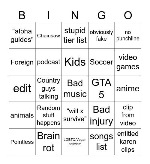 Youtube shorts bingo Card