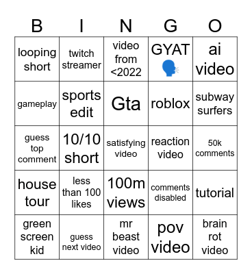 YouTube shorts Bingo Card