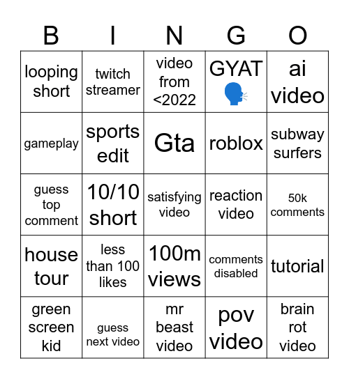 YouTube shorts Bingo Card