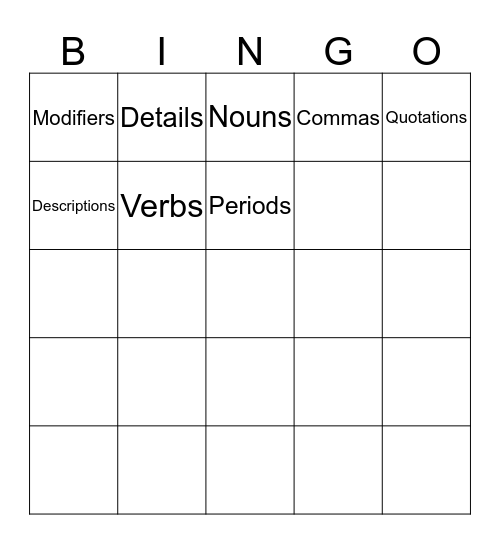 Writing Bingo Card