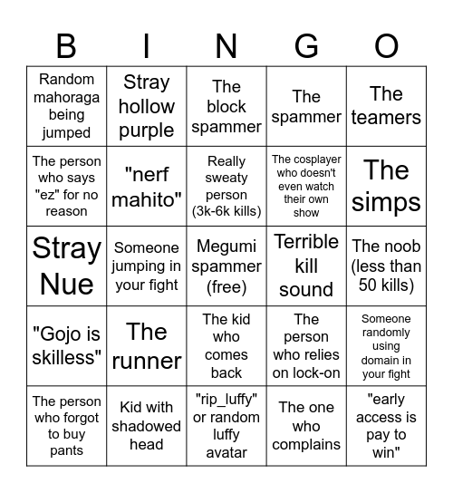 Types of JJS players Bingo Card