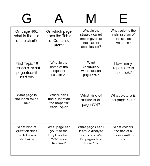 Textbook Scavenger Hunt Bingo Card