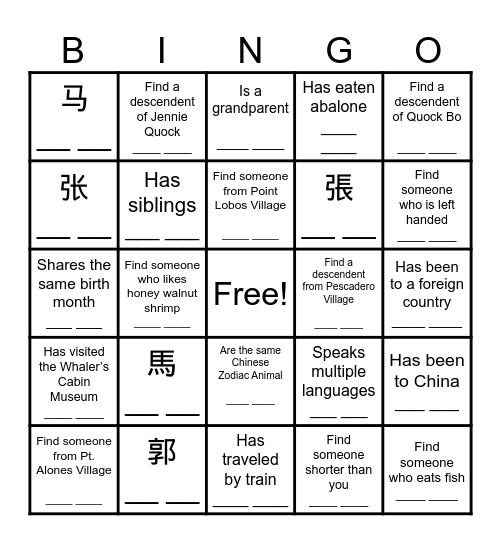 Monterey Peninsula Chinese Fishing Villages | Descendants BINGO Card