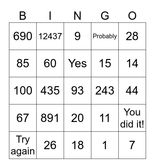 Numbers Bingo Card