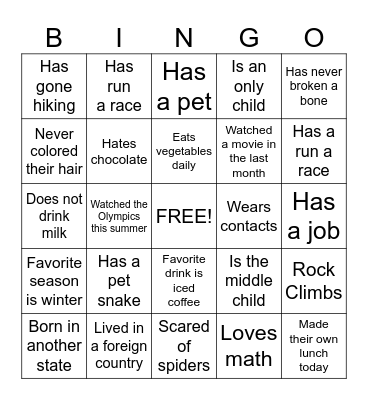 Get to Know You Bingo Card
