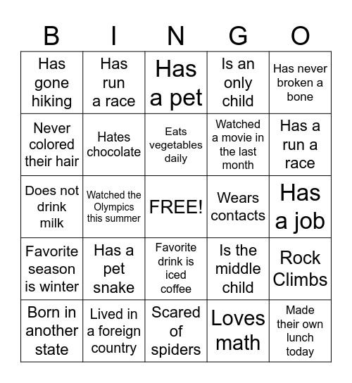 Get to Know You Bingo Card