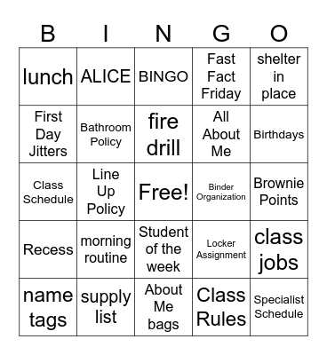 Third Grade Bingo Card