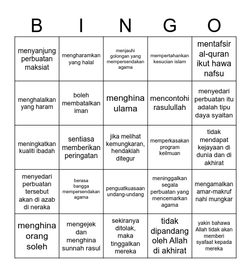 Larangan mempersendakan agama Bingo Card