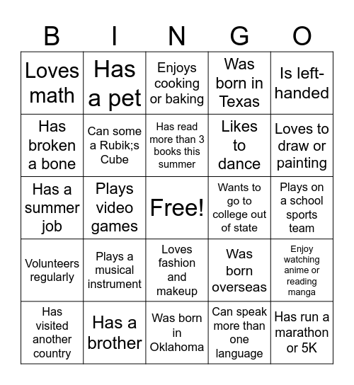 Human Bingo Card