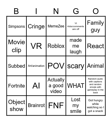 Yt shorts bingo Card