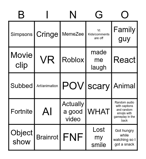 Yt shorts bingo Card