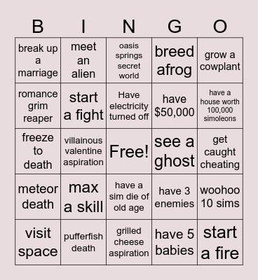 Sims 4 Bingo Card