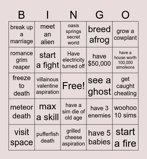 Sims 4 Bingo Card