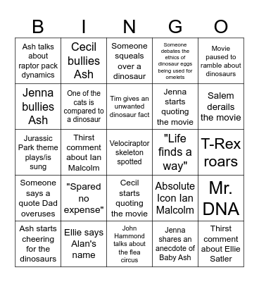 Jurassic Park Bingo Card