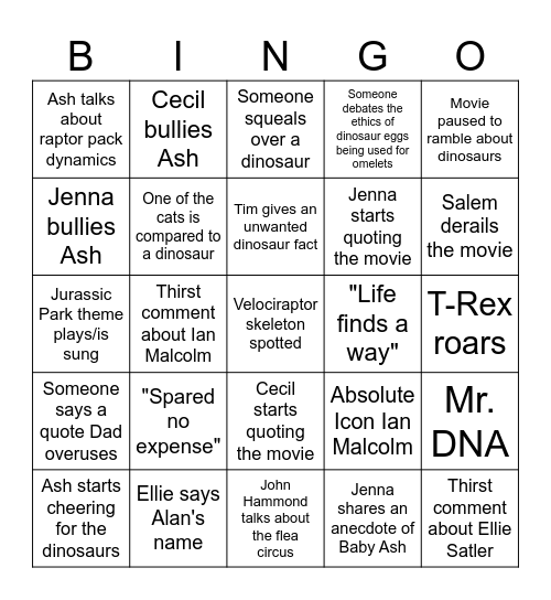 Jurassic Park Bingo Card