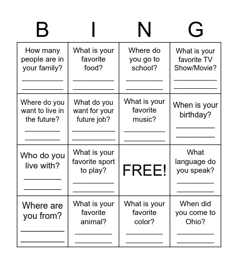 ESL Question Bingo - Group 2 Bingo Card