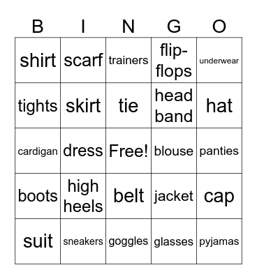 Clothes & Accesories Bingo Card