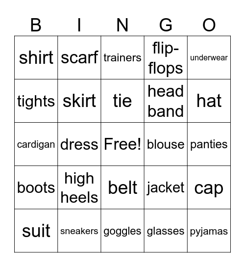 Clothes & Accesories Bingo Card