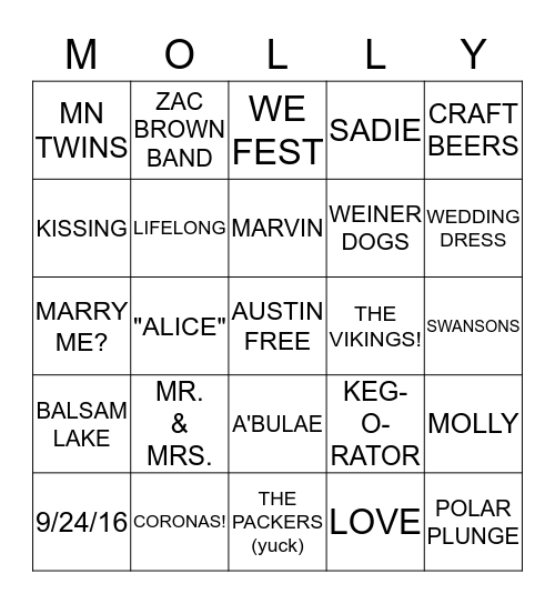 Molly's Wedding Shower Bingo Card