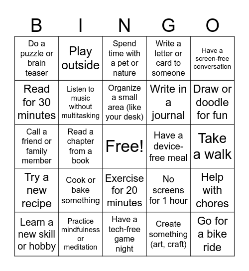 Media Balance Bingo Card