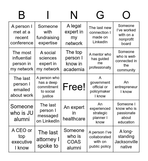 JU COAS Board Recruitment BINGO Card