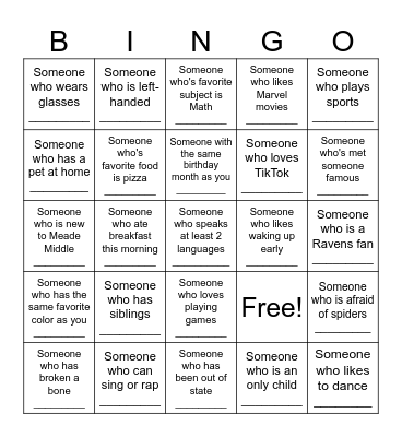 Getting to Know You Bingo Card