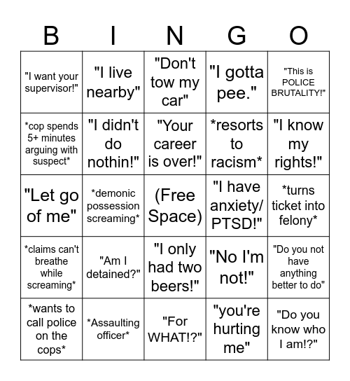 Bodycam Bingo Card