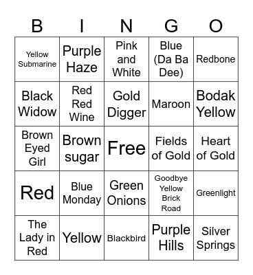 Songs with colours in titles Bingo Card