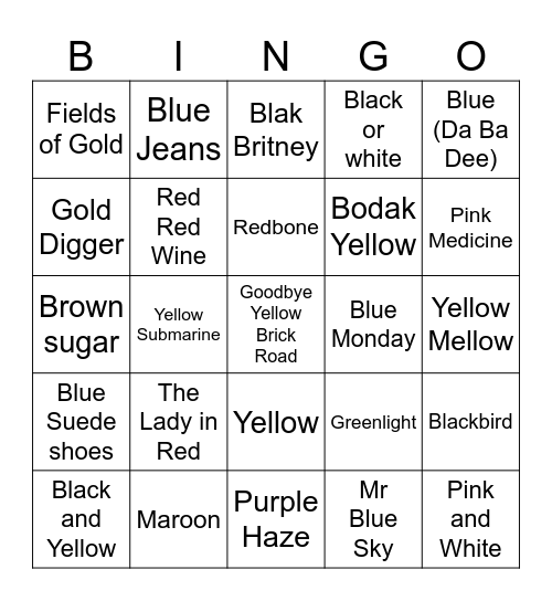 Songs with colours in titles Bingo Card