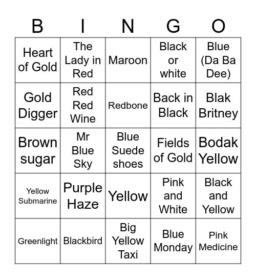 Songs with colours in titles Bingo Card