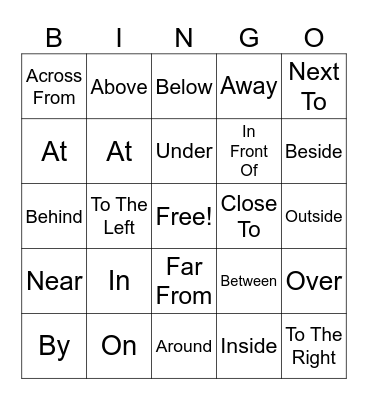 Prepositions Of Place Bingo Card