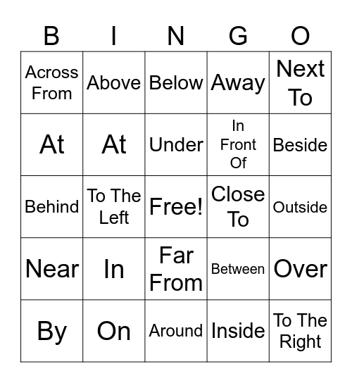 Prepositions Of Place Bingo Card