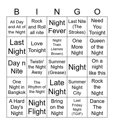 Songs with night in the title Bingo Card