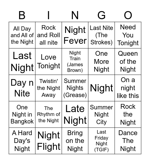 Songs with night in the title Bingo Card