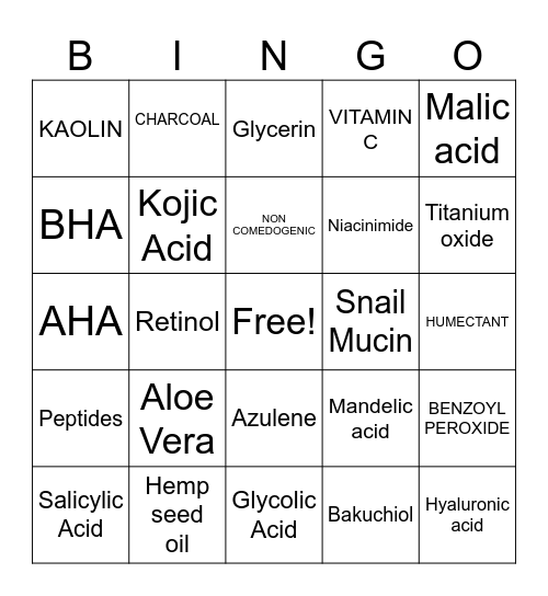 Esthetician Vocabulary Bingo Card